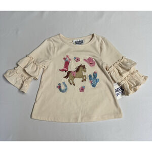 Counting Daisies Cowgirl Applique Ruffle Top Girl's Size 4 Ivory
